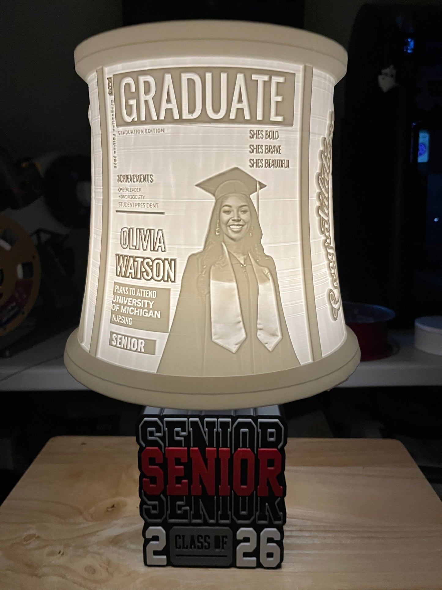 Custom senior 3d printed graduation lamp